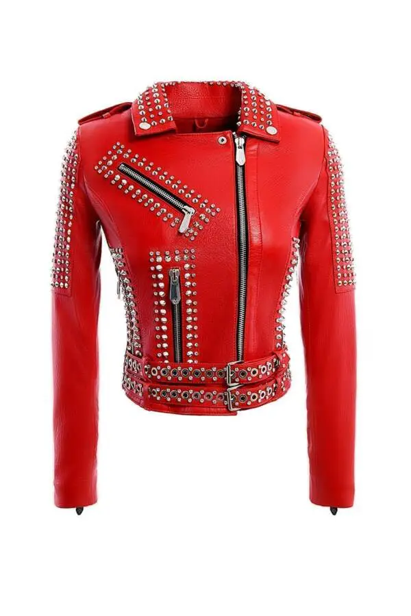 Grumpy Red Nikel Spiked Leather Jacket