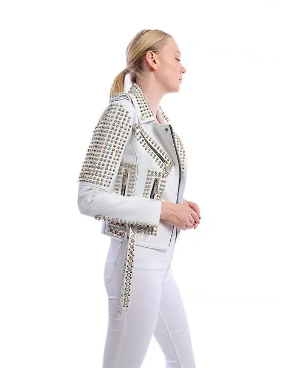 Grumpy White Gold Spided & Stones Leather Jacket - Image 5