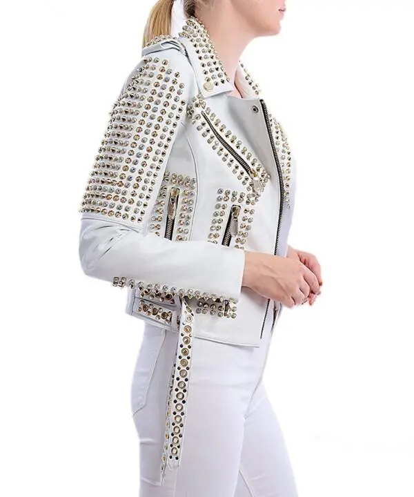 Grumpy White Gold Spided & Stones Leather Jacket - Image 6