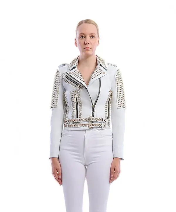 Grumpy White Gold Spided & Stones Leather Jacket - Image 7