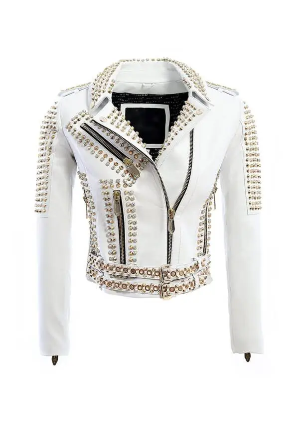 Grumpy White Gold Spided & Stones Leather Jacket - Image 3