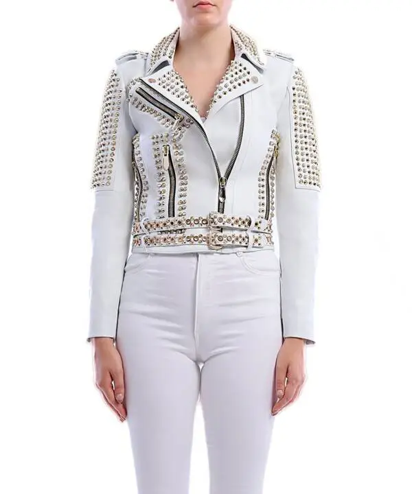 Grumpy White Gold Spided & Stones Leather Jacket - Image 8