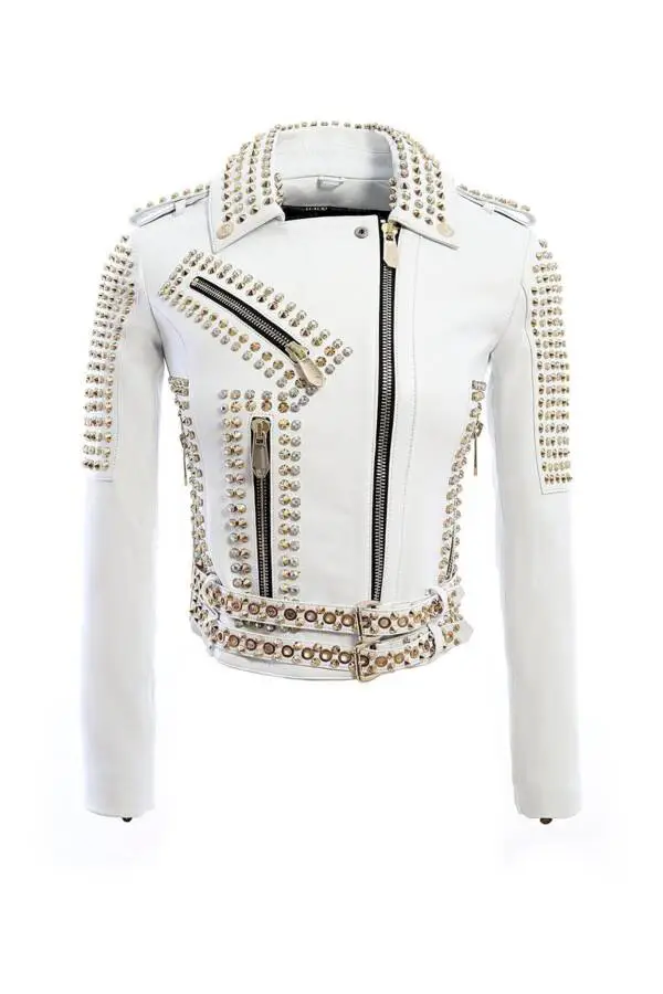 Grumpy White Gold Spided & Stones Leather Jacket