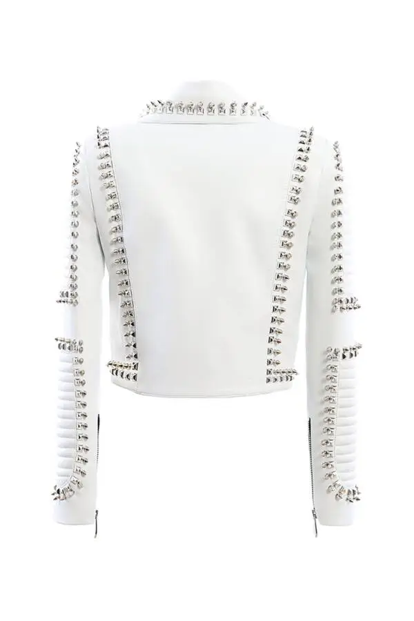 Slogan White Nikel Spiked Leather Jacket - Image 2