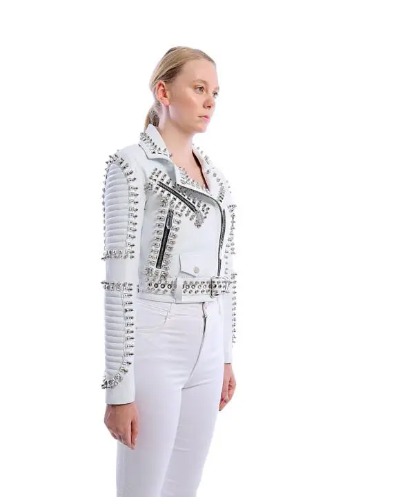 Slogan White Nikel Spiked Leather Jacket - Image 5