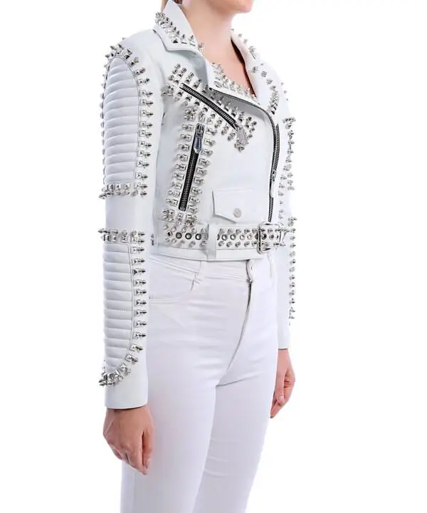 Slogan White Nikel Spiked Leather Jacket - Image 6