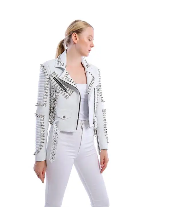 Slogan White Nikel Spiked Leather Jacket - Image 7