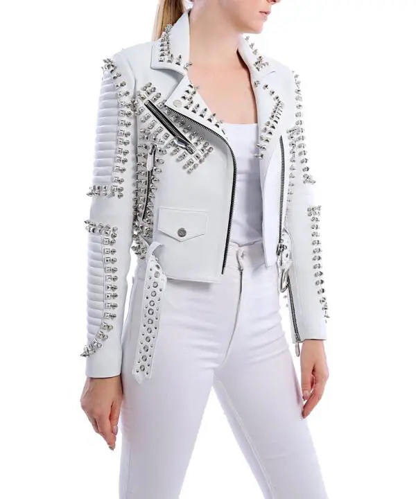 Slogan White Nikel Spiked Leather Jacket - Image 8