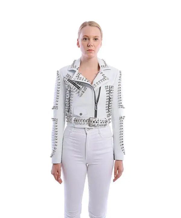 Slogan White Nikel Spiked Leather Jacket - Image 9