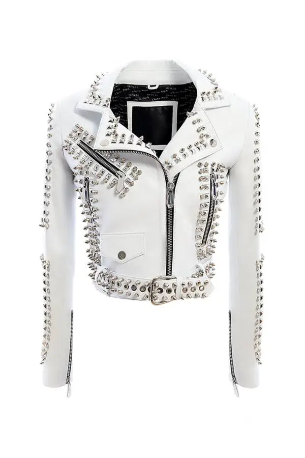 Slogan White Nikel Spiked Leather Jacket - Image 3