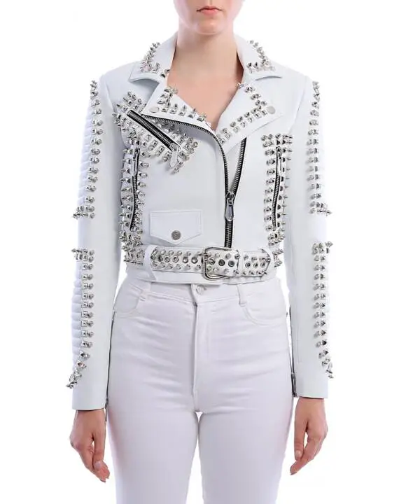 Slogan White Nikel Spiked Leather Jacket - Image 10