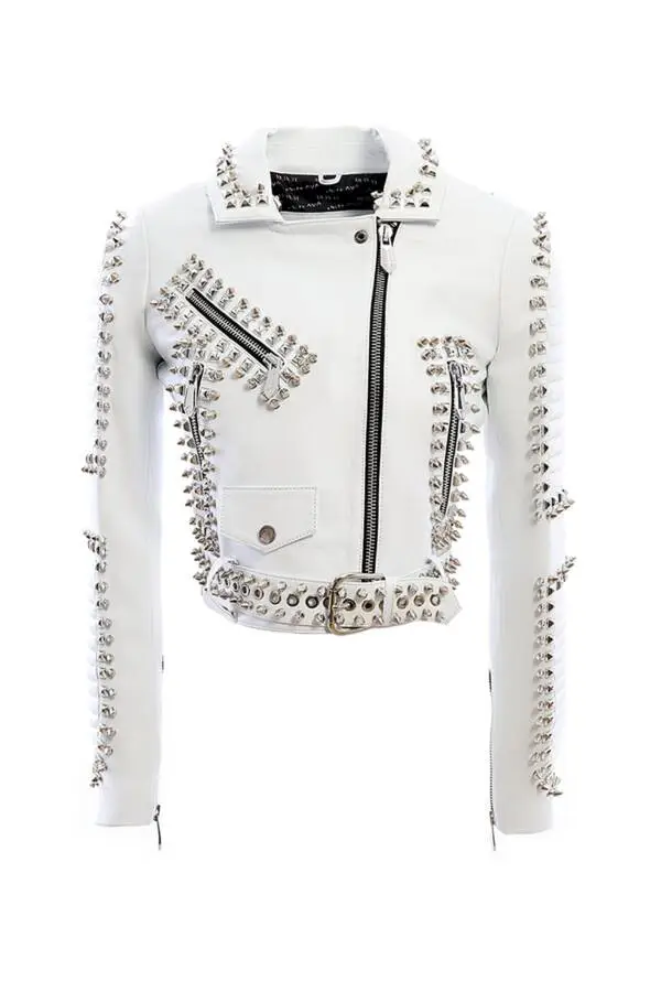 Slogan White Nikel Spiked Leather Jacket