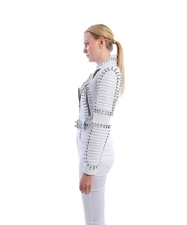 Slogan White Nikel Spiked Leather Jacket - Image 11