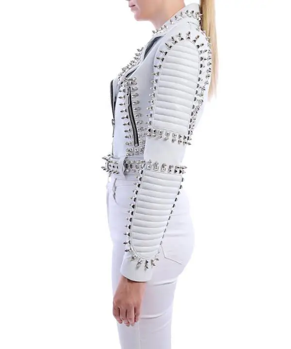 Slogan White Nikel Spiked Leather Jacket - Image 12