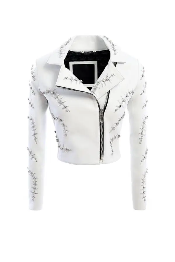 Lizy White Leather Stones Leather Jacket - Image 3