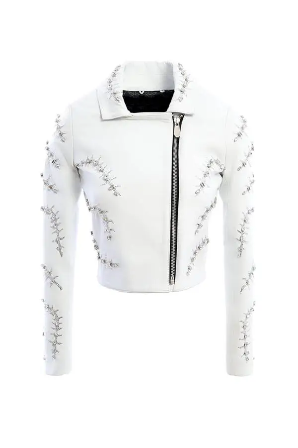 Lizy White Leather Stones Leather Jacket