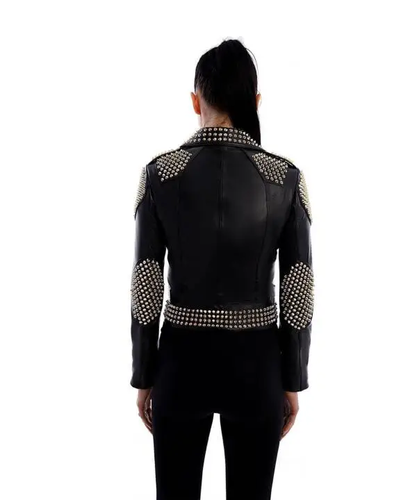 İCONİC Black Golden Spiked Leather Jacket - Image 9