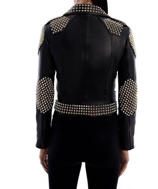 İCONİC Black Golden Spiked Leather Jacket - Image 10