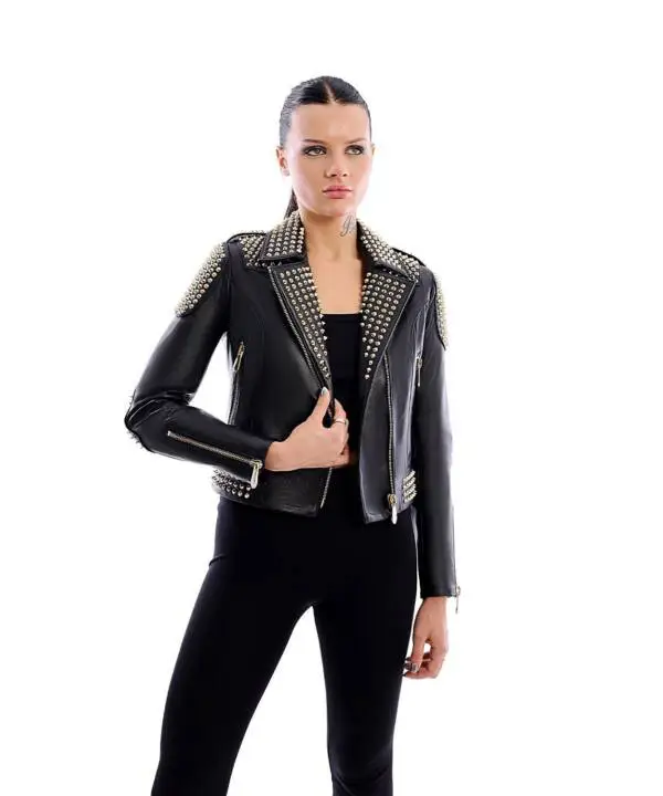 İCONİC Black Golden Spiked Leather Jacket - Image 5