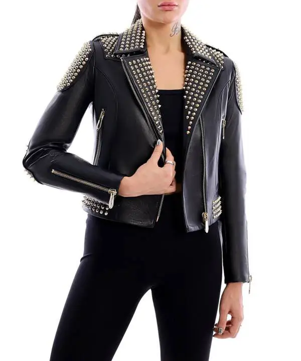 İCONİC Black Golden Spiked Leather Jacket - Image 6