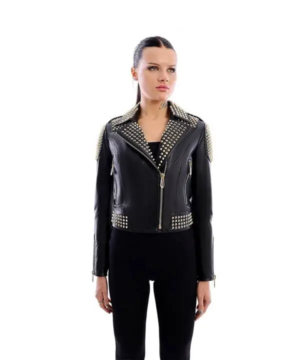 İCONİC Black Golden Spiked Leather Jacket - Image 7