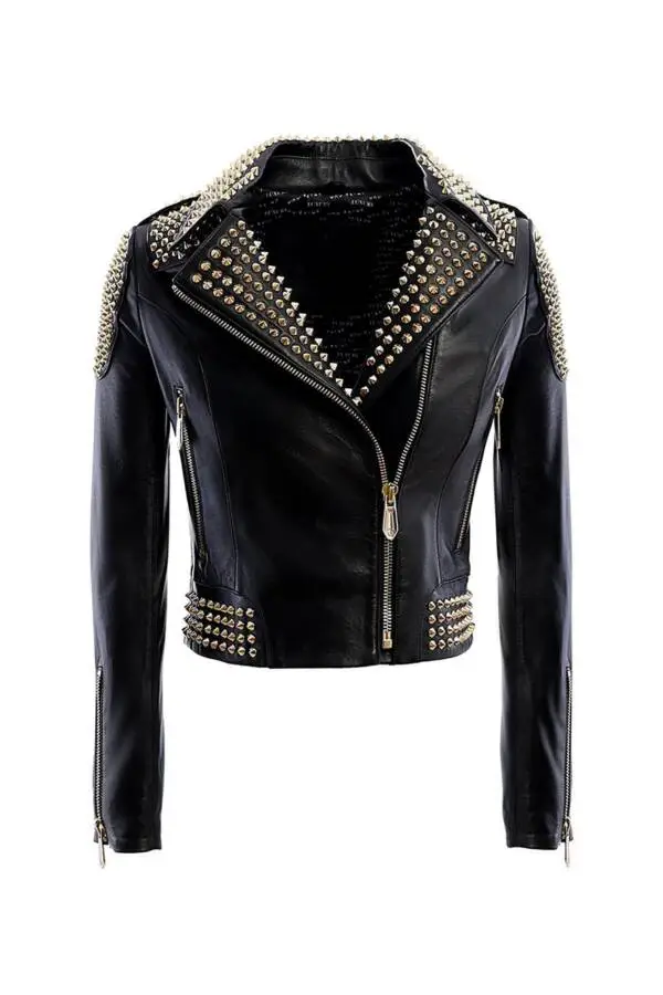 İCONİC Black Golden Spiked Leather Jacket - Image 3