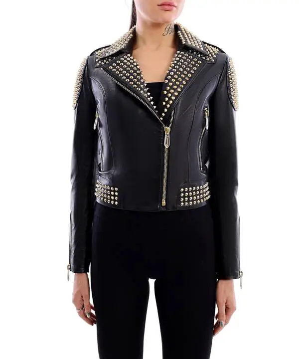 İCONİC Black Golden Spiked Leather Jacket - Image 8