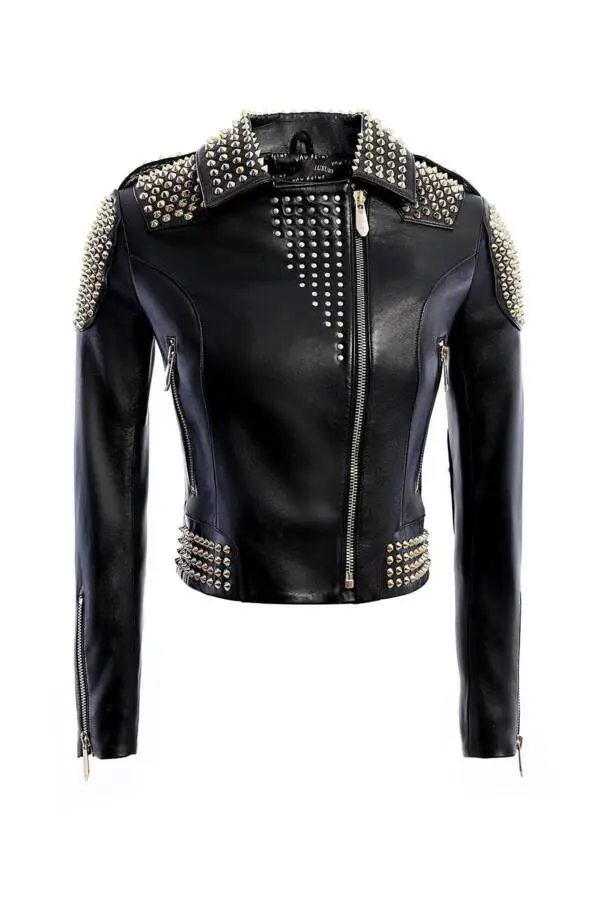 İCONİC Black Golden Spiked Leather Jacket