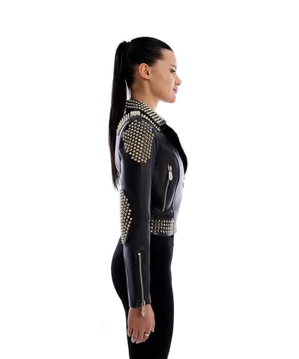 İCONİC Black Golden Spiked Leather Jacket - Image 11