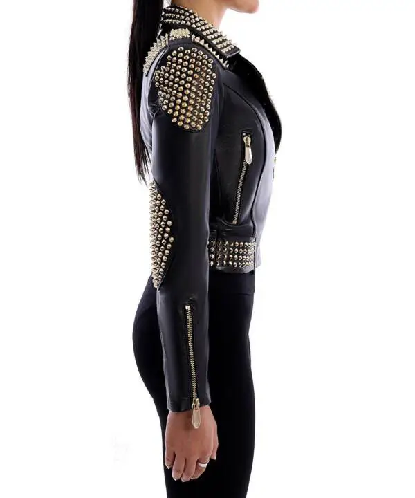 İCONİC Black Golden Spiked Leather Jacket - Image 12