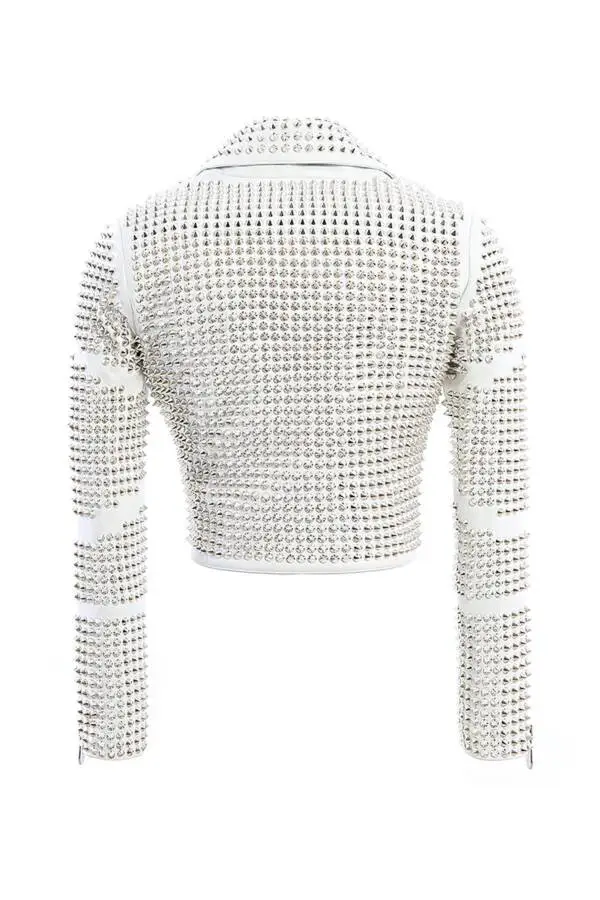 Damn White Nikel Spiked Leather Jacket - Image 2