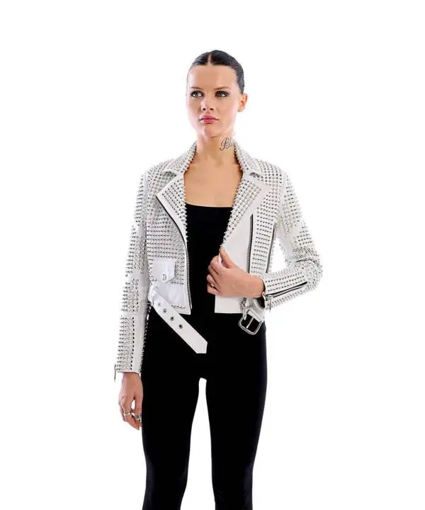 Damn White Nikel Spiked Leather Jacket - Image 5