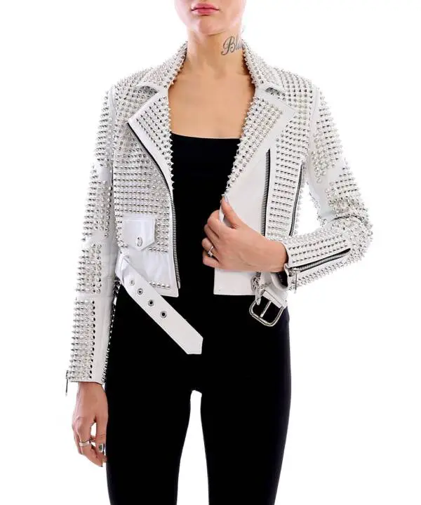 Damn White Nikel Spiked Leather Jacket - Image 6