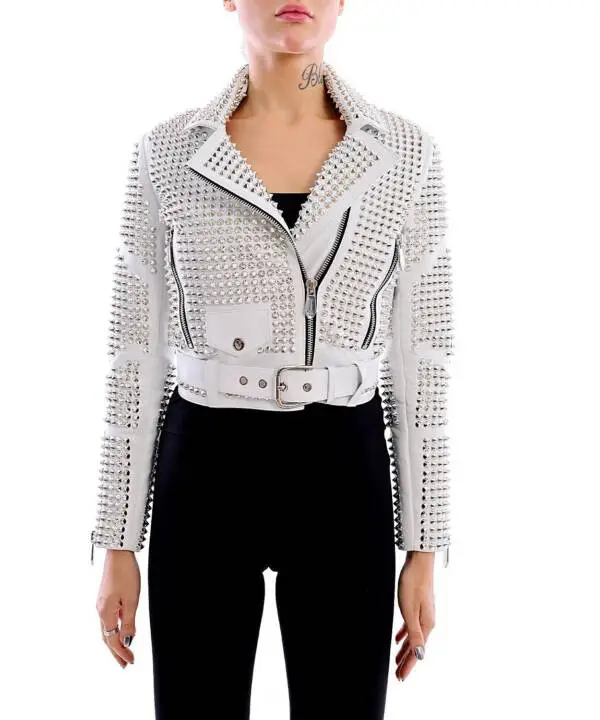 Damn White Nikel Spiked Leather Jacket - Image 8