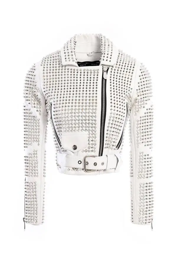 Damn White Nikel Spiked Leather Jacket