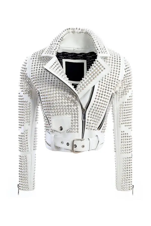 Damn White Nikel Spiked Leather Jacket - Image 3